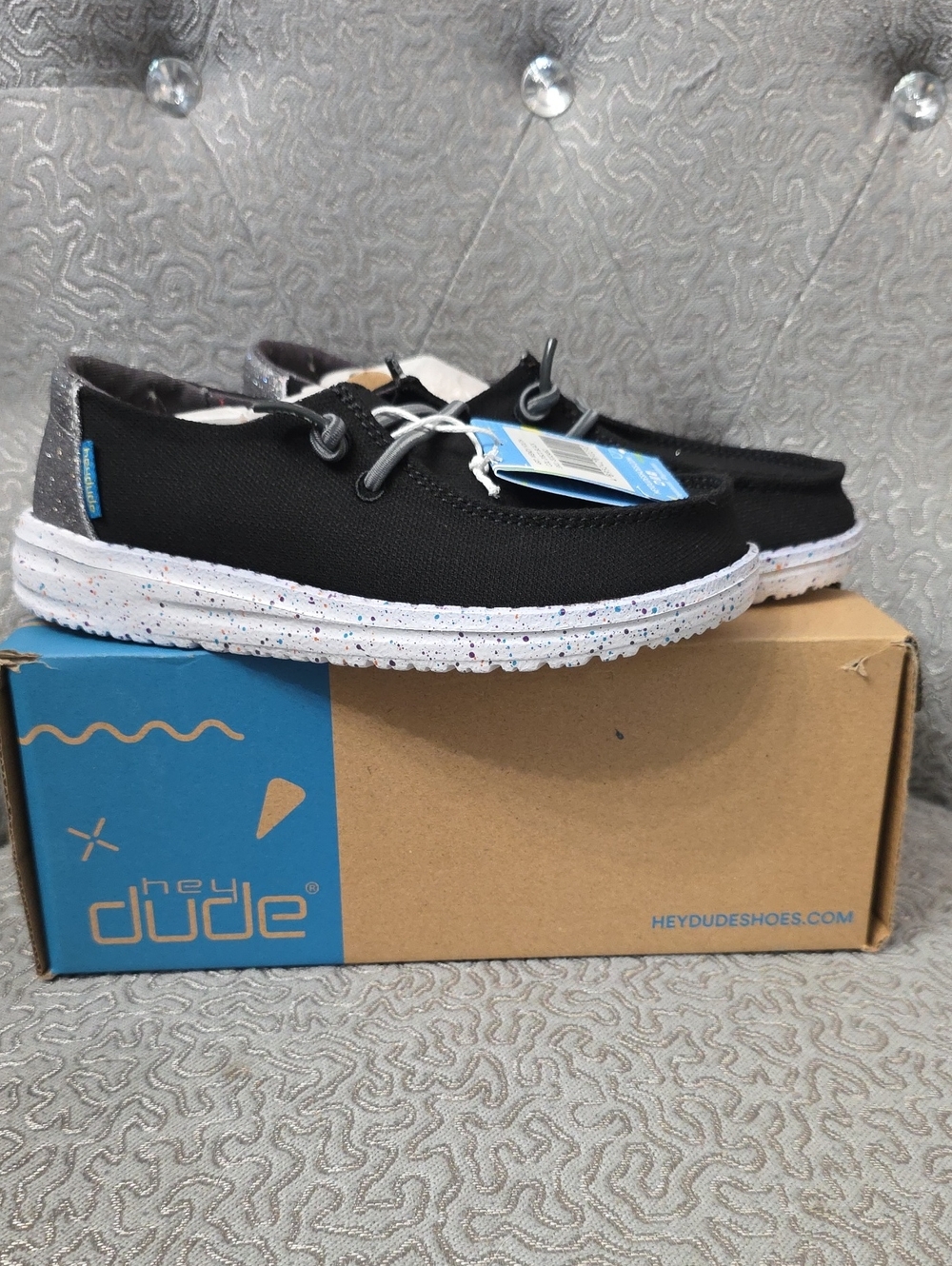 Hey Dude Kids Wendy Black Canvas Sneakers with Speckled White Sole